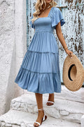Smocked Square Neck Frill Trim Abito