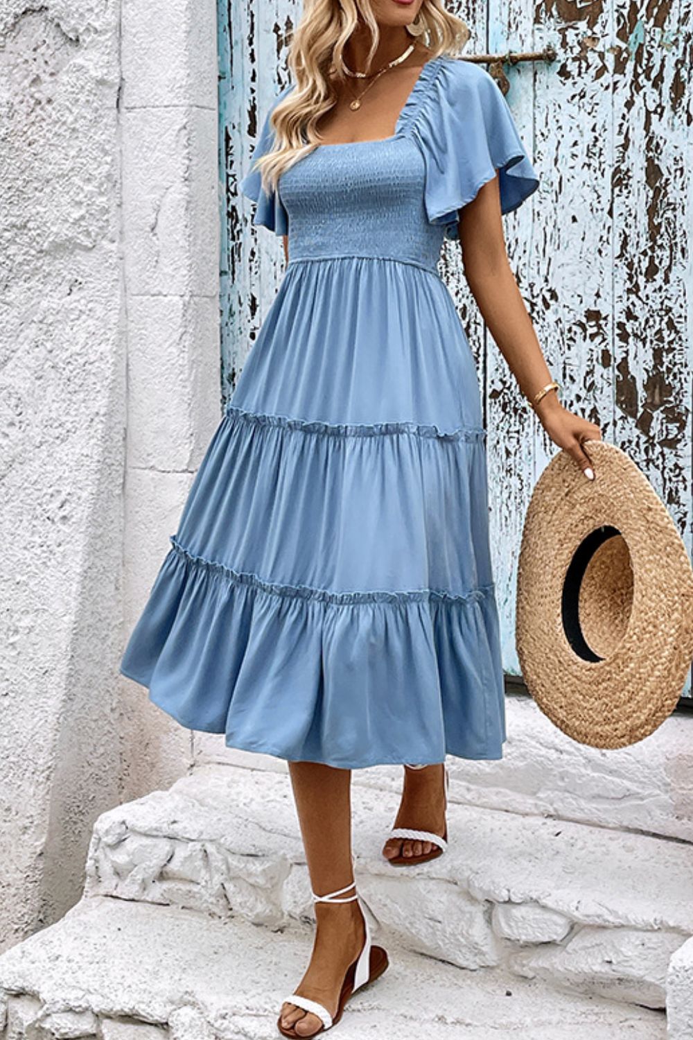 Smocked Square Neck Frill Trim Abito