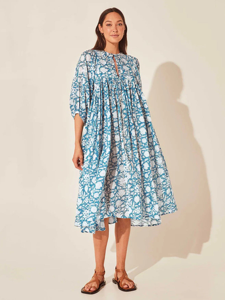 Floreale Tie Neck Lantern Sleeve Abito