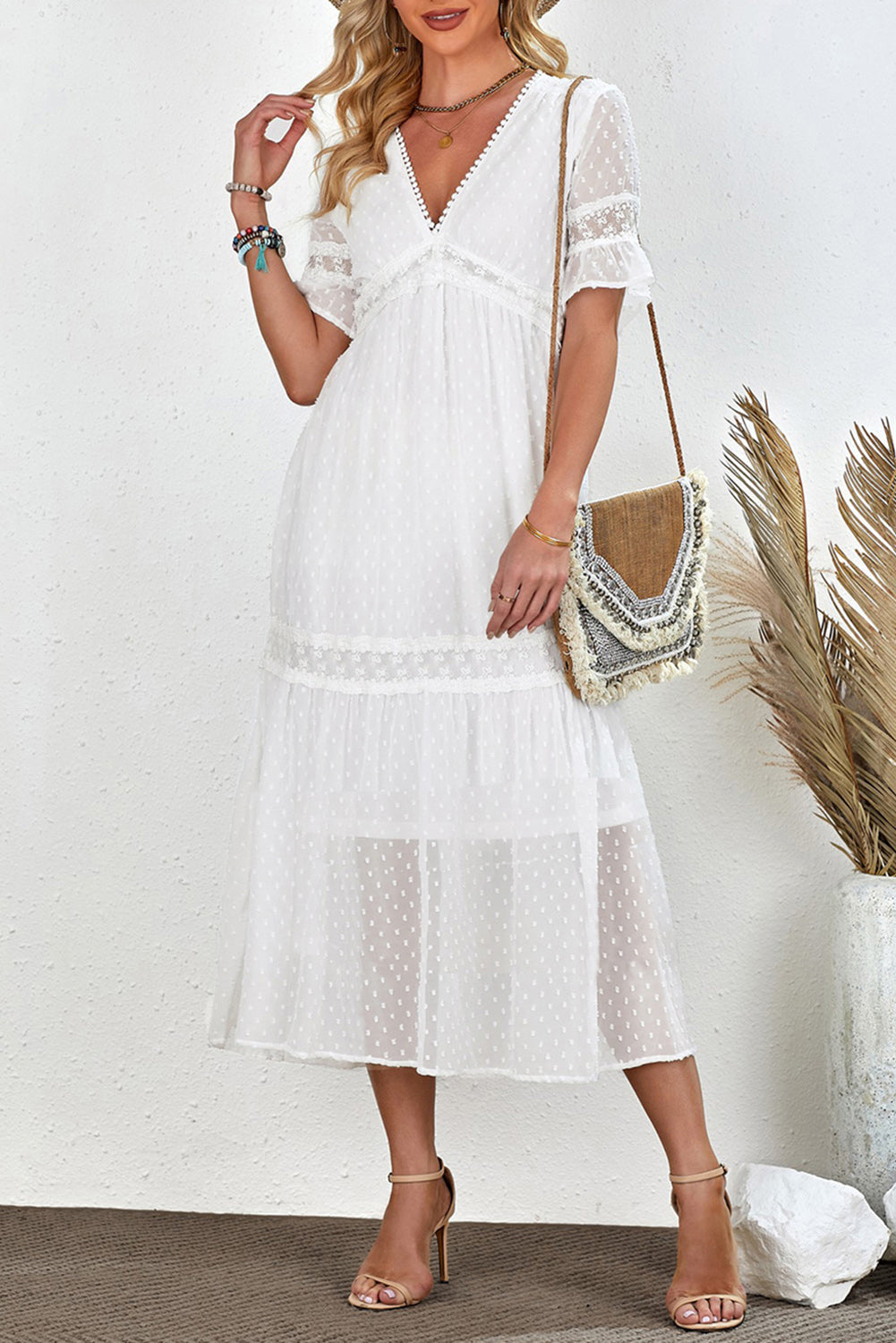Swiss Dot V-Neck Short Sleeve Midi Abito