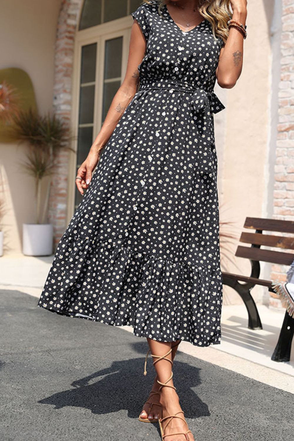 Floreale Tie-Waist Ruffle Hem Abito