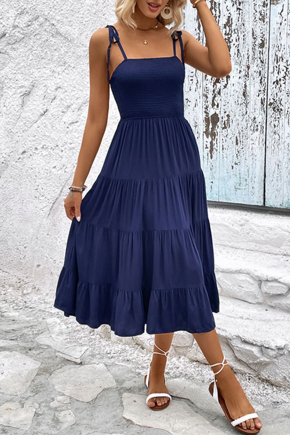 Tie-Shoulder Tiered Midi Abito