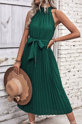 Tie Belt Pleated Midi Abito