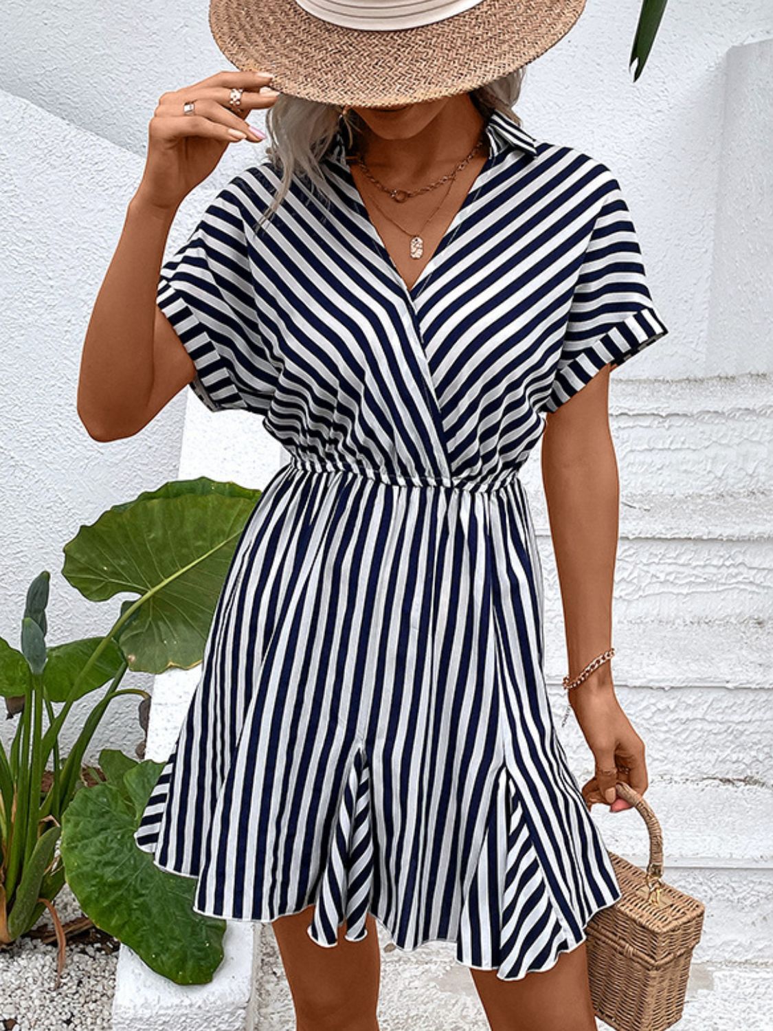 Striped Johnny Collar Mini Abito