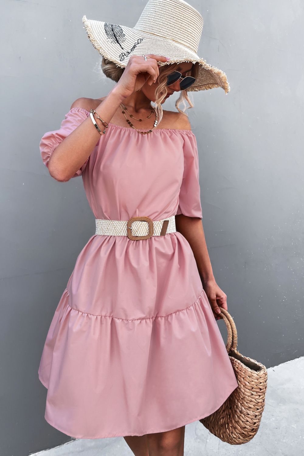 Square Neck Short Sleeve Mini Abito